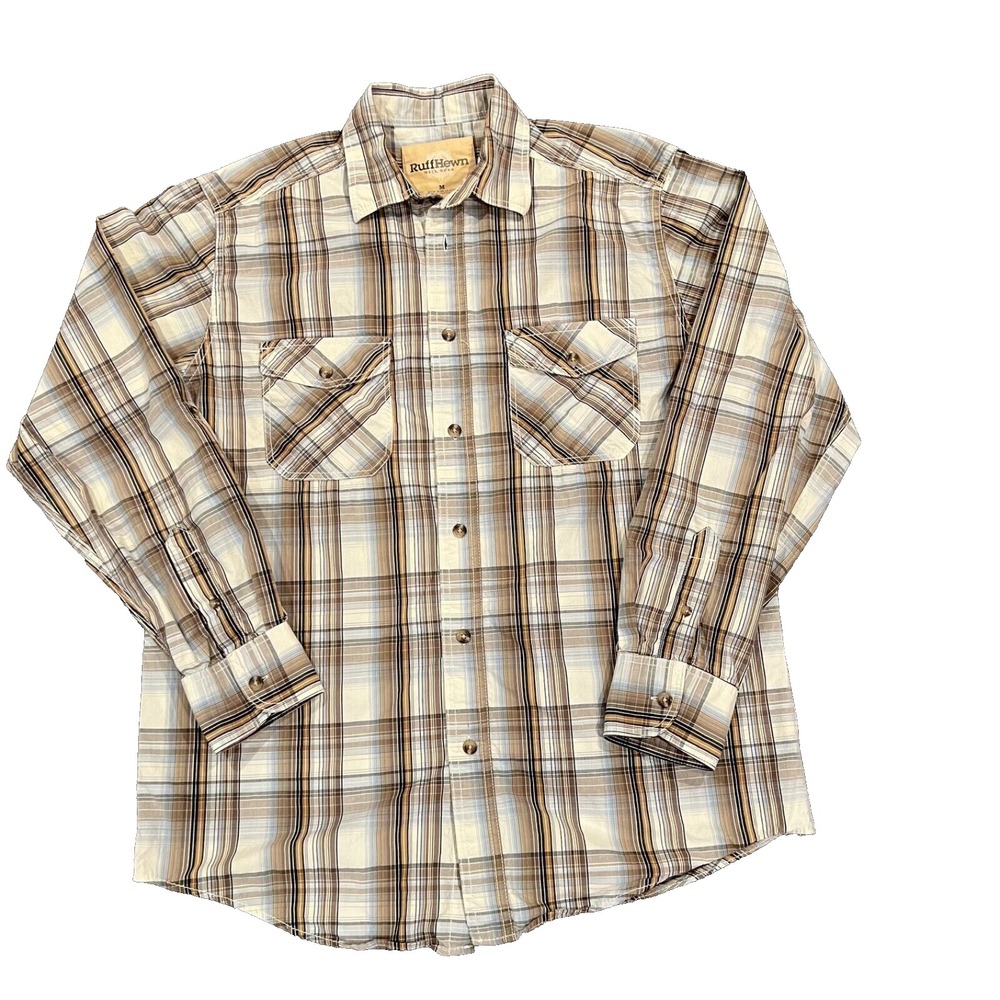 Ruff Hewn Shirt Mens Medium Beige Plaid Roll Tab Long Sleeve Button‎ Up Pockets